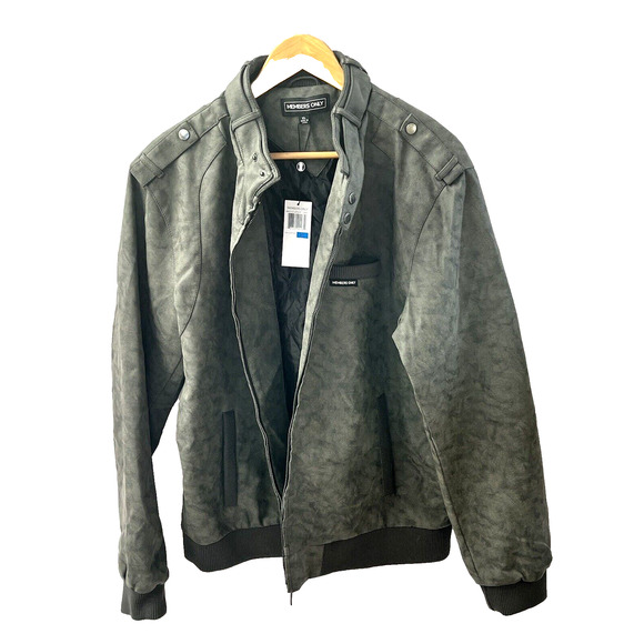 NEW Members Only Mens Jacket XL Gray Vegan Leather Iconic Racer Snap Collar Moto